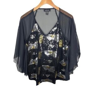 Voice sheer kimono sleeve black gold silver sequin top Sz M